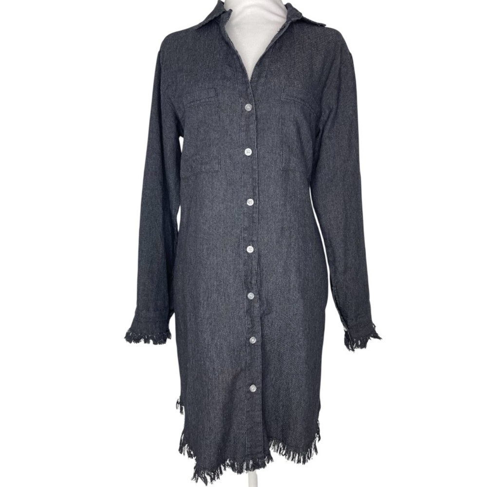 NWT Francis Cabrel Gray Denim Long Sleeve Frayed Hem Button Front Dress Size Sm - Picture 2 of 13